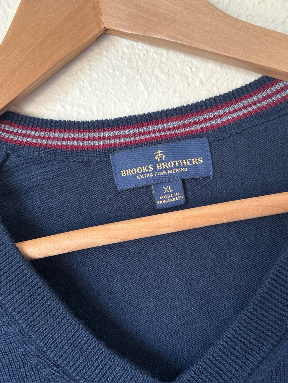 Brooks Brothers Navy V-Neck Sweater with Red & White Collar Stripe
